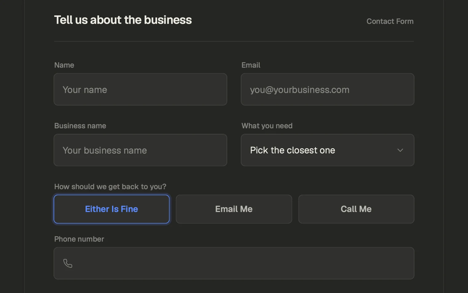 The enquiry form, with the fields it asks for