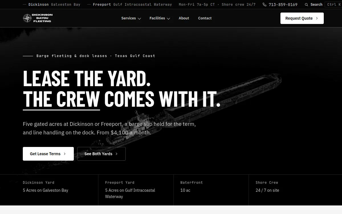 The Dickinson Bayou Fleeting website on a desktop