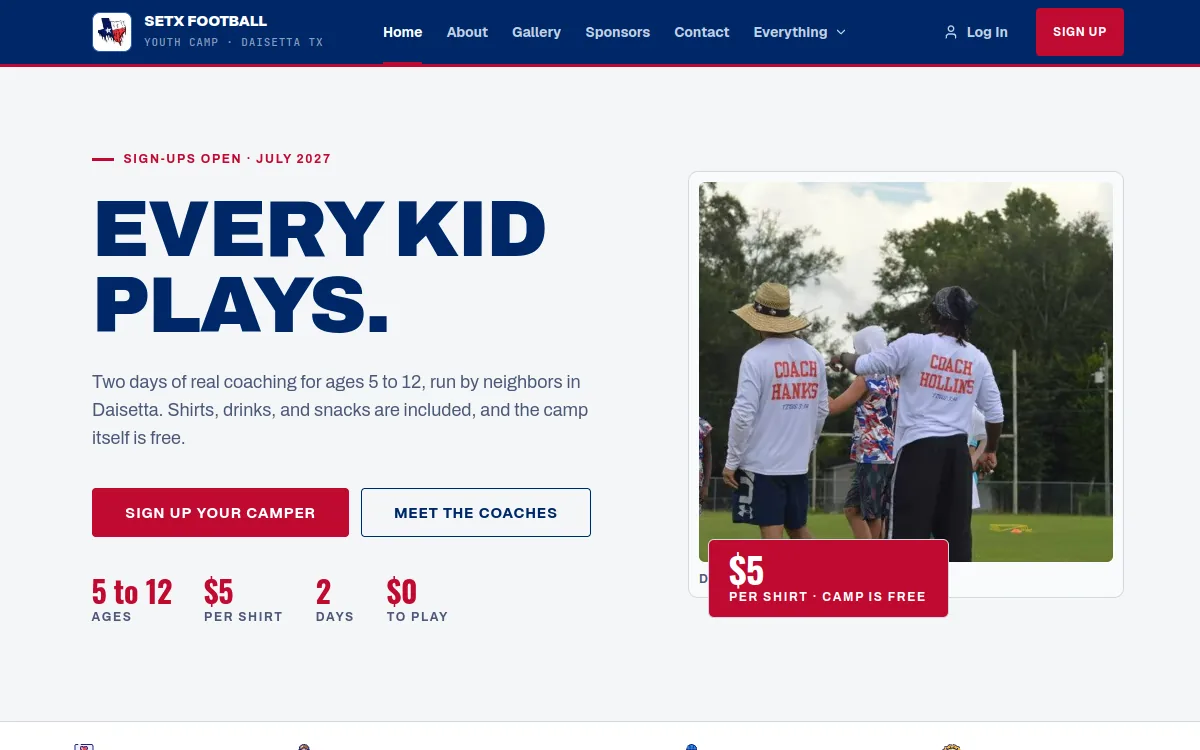 The SETX Football website on a desktop