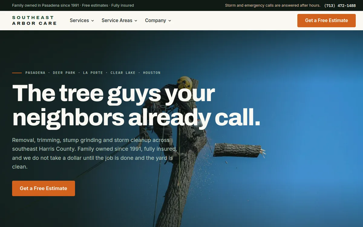 The Southeast Arbor Care website on a desktop